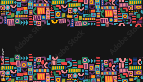 Abstract seamless gorizontal geometric banner. African ethnic bright pattern. Vector flat hand drawn background. Copy space.	
