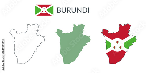 Burundi geographical borders isolated on white background. Flag of Burundi. Vector flat cliparts.
