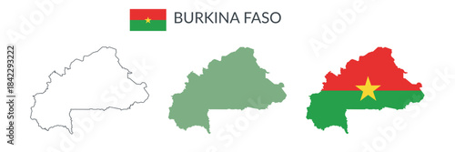 Burkina Faso geographical borders isolated on white background. Flag of Burkina Faso. Vector flat cliparts.