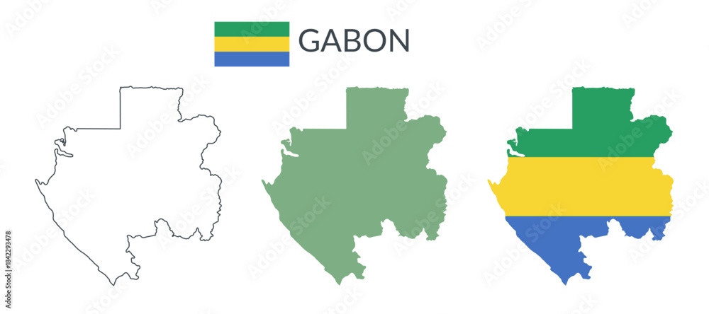 Obraz premium Gabon geographical borders isolated on white background. Flag of Gabon. Vector flat cliparts.
