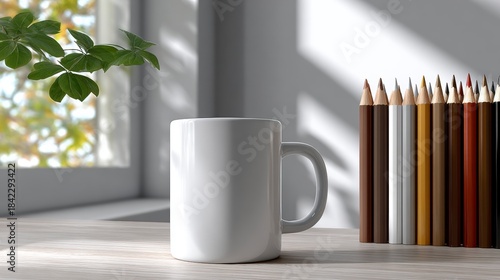Blank white ceramic mug mockup sits on a wooden table beside colored pencils near a window