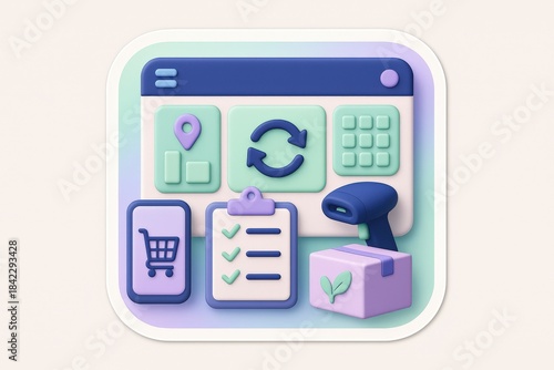 Dynamic interface showcasing modern e commerce features including inventory management, digital shopping cart, barcode scanning, and sustainability themes emphasizing user experience and