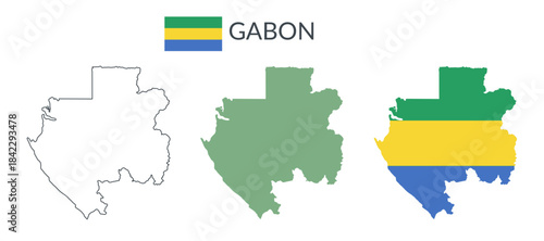 Gabon geographical borders isolated on white background. Flag of Gabon. Vector flat cliparts.