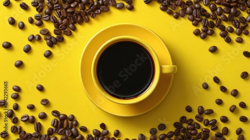 Bright yellow background showcases a cup of dark coffee surrounded by roasted beans from above