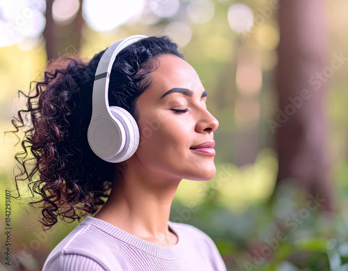 Close-up of a young, serene woman with wireless headphones meditating outdoors in a peaceful, sun-drenched natural setting.