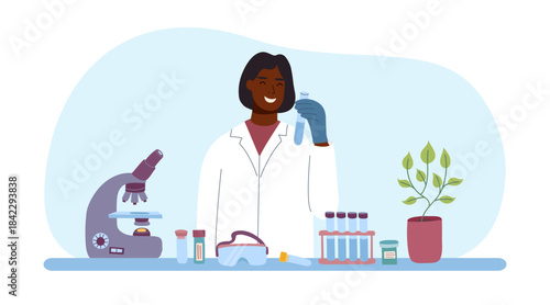 Female scientist in laboratory with test tubes and microscope. Concept of biotechnology, medical research, science. Vector flat illustration.