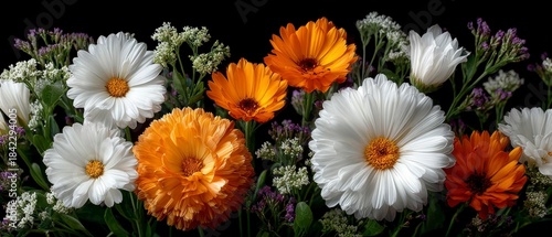 Close up bouquet of vibrant orange and pure white calendula flowers against a deep black background