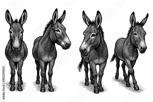 Detailed black and white donkey engraving art with vintage style