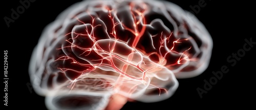 Close up three dimensional rendering of human brain vasculature system against a black background