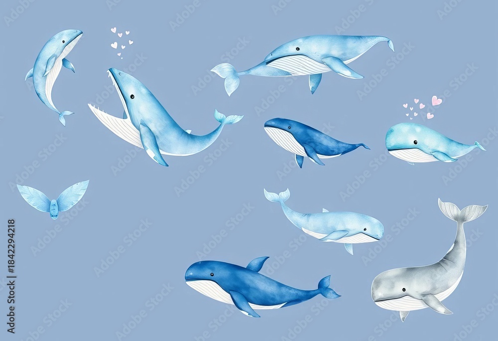 Fototapeta premium A set of whimsical watercolor whales in various shades of blue and grey, some breaching, others swimming peacefully, texture, marine