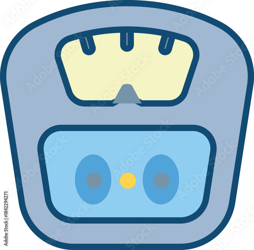 Illustration of a blue bathroom scale with yellow and gray accents, representing weight and health measurement