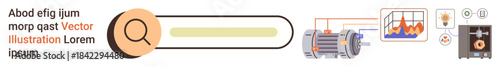 Industrial automation, data monitoring, mechanical engineering, energy analysis, system maintenance, performance metrics. Magnifying glass search bar, machinery chart graphics. Data monitoring