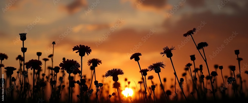 Obraz premium Silhouettes of various wildflowers against a sunset, creating a dramatic, romantic feel, line art, aesthetic
