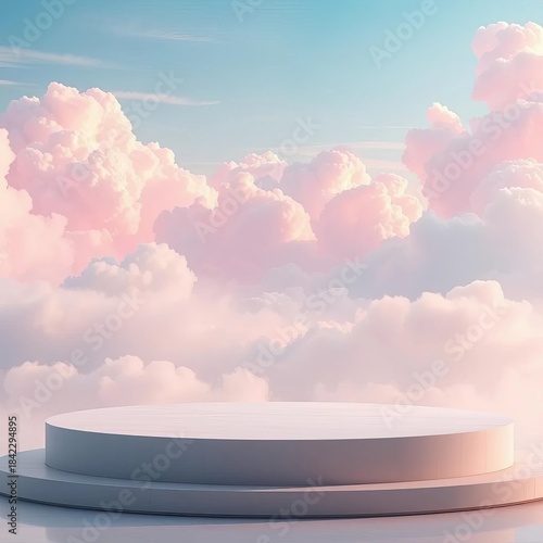 Soft pastel clouds drift over a serene, minimalistic platform,  ethereal,  tranquil