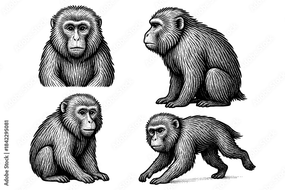 Fototapeta premium Detailed hand sketched monkeys in various poses with vintage style