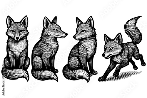 Intricate black and white fox line art: four detailed animal designs