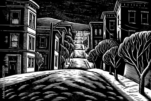 San Francisco is sketched with snowy hill-side streets, cable car outlines, layered building silhouettes, and delicate winter shading creating a rare cold weather version of the iconic city.