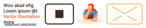 Communication, creativity, messaging, expressing ideas, online interaction, solution making. Woman contemplating surrounded by envelope and square icons. Communication and creativity concepts