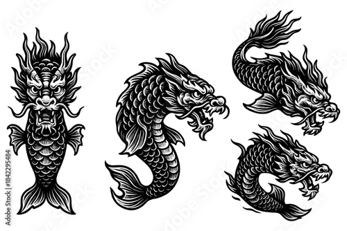 Dynamic black and white dragon fish designs with fierce expressions