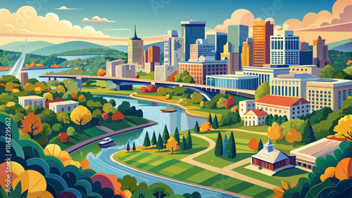 Very beautiful panoramic aerial view of Richmond showing the flowing James River, modern downtown buildings, and calm natural surroundings, designed as a clean and elegant landscape composition for ve