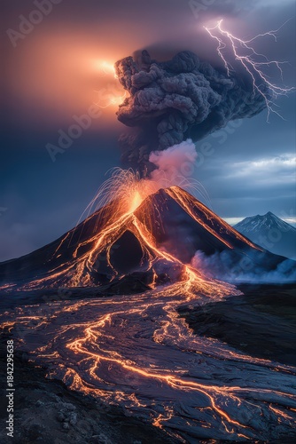 Erupting volcano with lightning and lava flows.