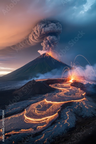 Majestic volcano erupting with flowing lava at sunset.