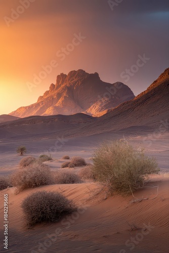 Majestic desert scene with mountains at sunset