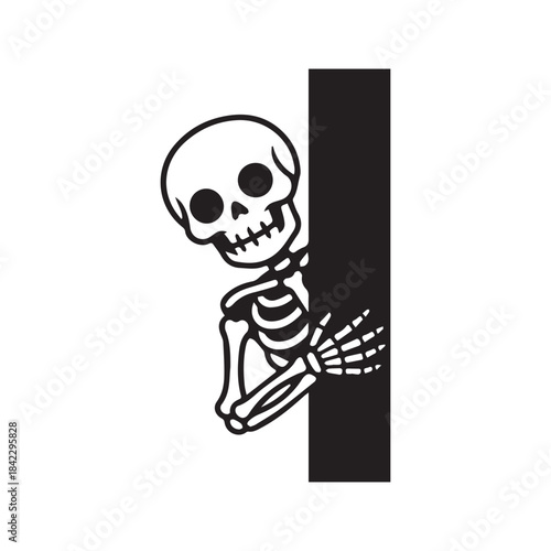 Peeking skeleton vector illustration. Funny cartoon skeleton character hiding behind a wall and waving, isolated on white background for Halloween decoration, sticker, or decal.
