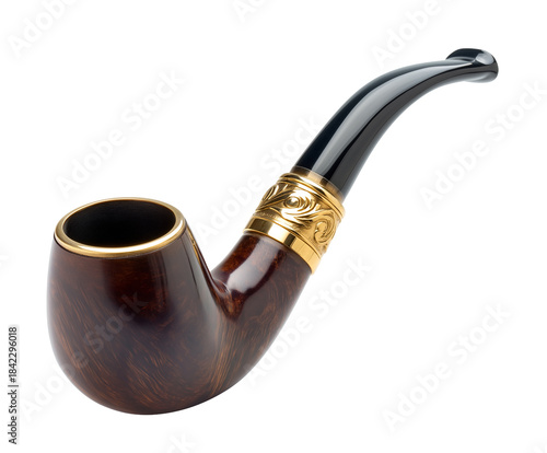 Classic wooden smoking pipe with ornate gold band, isolated on white, png