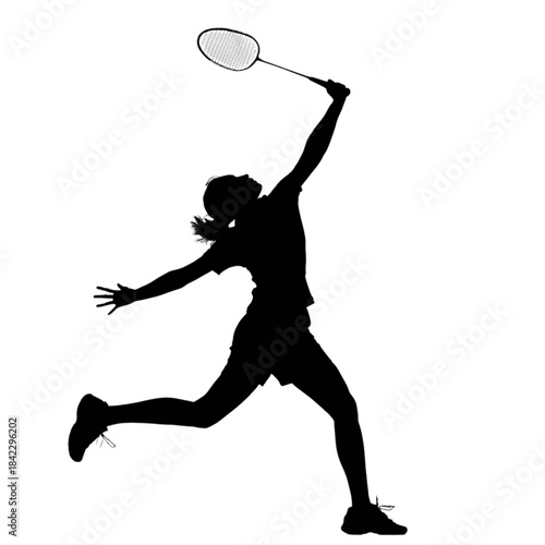 Silhouette of a female badminton player hitting a shuttlecock during a match