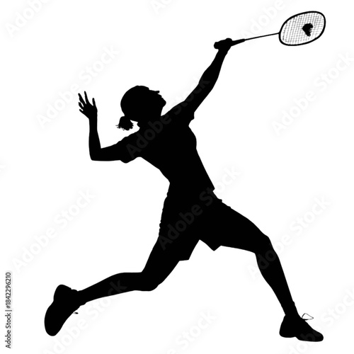 Silhouette of a female badminton player hitting a smash shot