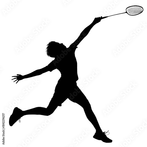 Silhouette of a male badminton player executing an overhead smash shot