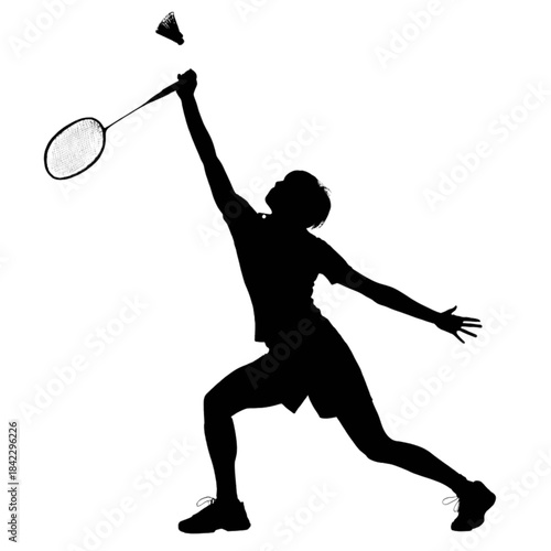 Silhouette of a badminton player hitting a smash shot overhead with racket and shuttlecock