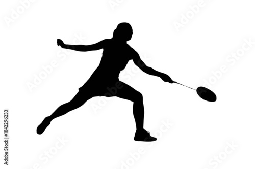 Silhouette of a female badminton player lunging forward to hit a shuttlecock with a racket