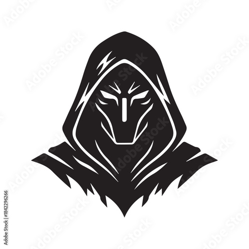 Fantasy warrior in a hood and ornate mask. Black and white vector illustration of a mysterious assassin character. Stylized tribal art for a logo, mascot, or tattoo.
