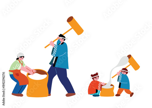 餅つきをする家族