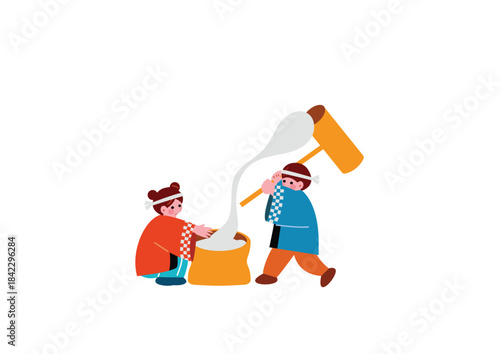 餅つきをするこども