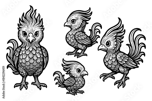 Artistic ornamental birds with intricate feather details