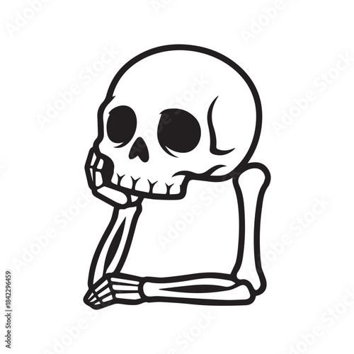Lazy skeleton cartoon vector. Funny bored skull resting on its arm bone, a simple black and white line art illustration for Halloween, stickers, or decals.
