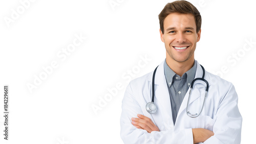 Smiling male doctor with crossed arms and stethoscope, isolated on white, png
