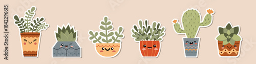 Cute succulents and cacti stickers and badges with funny faces set. Kawaii Funny succulent, cactus with cute face in flower pot. Cartoon floral characters. Vector house plants, flowers