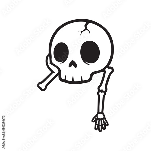 Lazy skeleton cartoon vector. Funny bored skull resting on its arm bone, a simple black and white line art illustration for Halloween, stickers, or decals.
