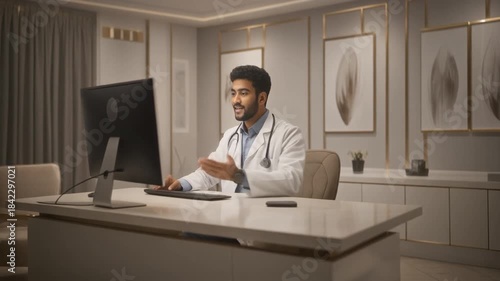 Wide Shot of Indian Doctor in Modern Office - Elegance and Success
