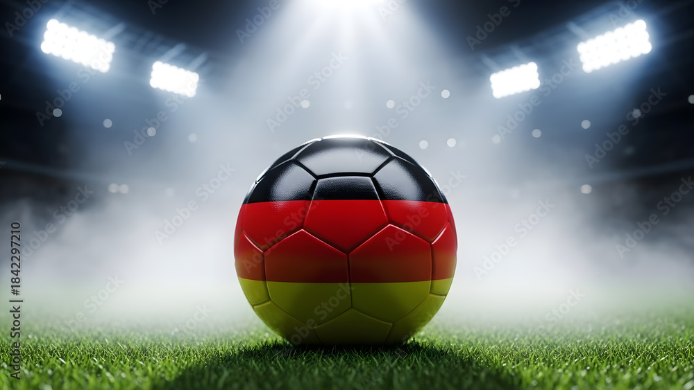 Naklejka premium Germany Flag Soccer Ball on Grass Field Under Bright Stadium Lights at Night