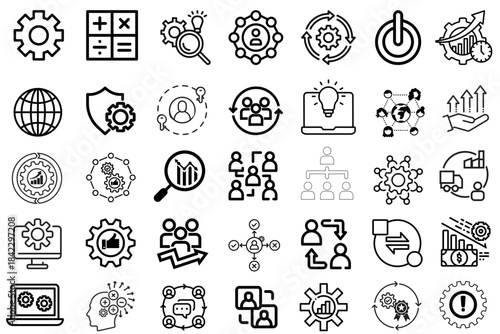 Business Process and Management Line Icons Set – Analytics, Teamwork, Settings Vector