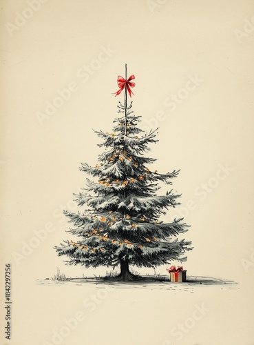 Vintage illustration of a Christmas tree with lights and a red bow, simple design with minimalist, muted colors, on a cream background.