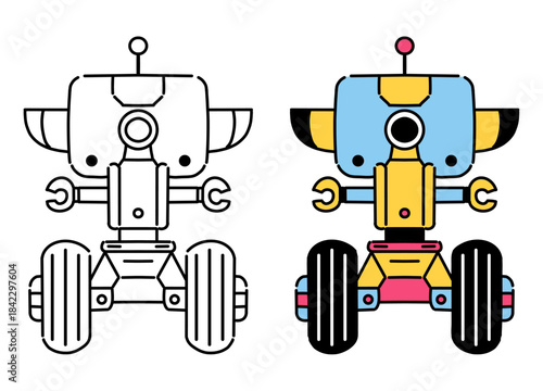 Line art and color illustration set for wheeled industrial robots