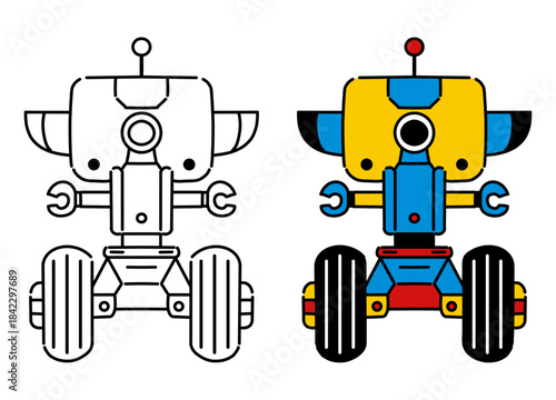 Line art and color illustration set for wheeled industrial robots