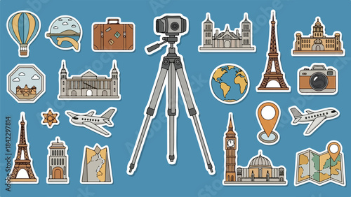 Vector Illustration/sticker of Collection of travel and tourism icons including landmarks and transportation symbols.