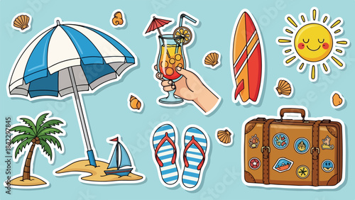 Vector Illustration/sticker of Summer Vacation Beach Scene with Umbrella, Surfboard, and Travel Accessories.